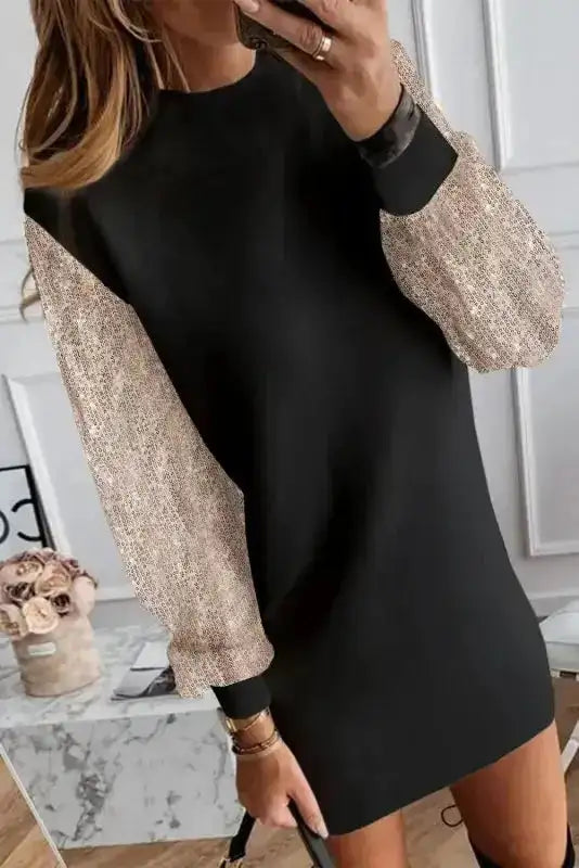 Black Sequin Balloon Sleeve Mini Dress Women UK | Party