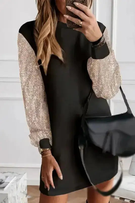 Black Sequin Balloon Sleeve Mini Dress Women UK | Party