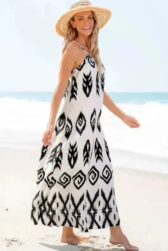 White Aztec Print Sleeveless Maxi Dress Women UK | Western Boho