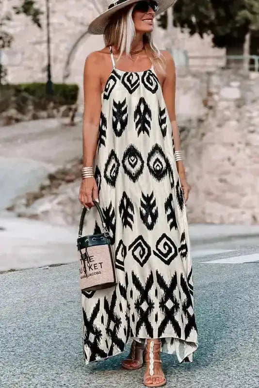 White Aztec Print Sleeveless Maxi Dress Women UK | Western Boho