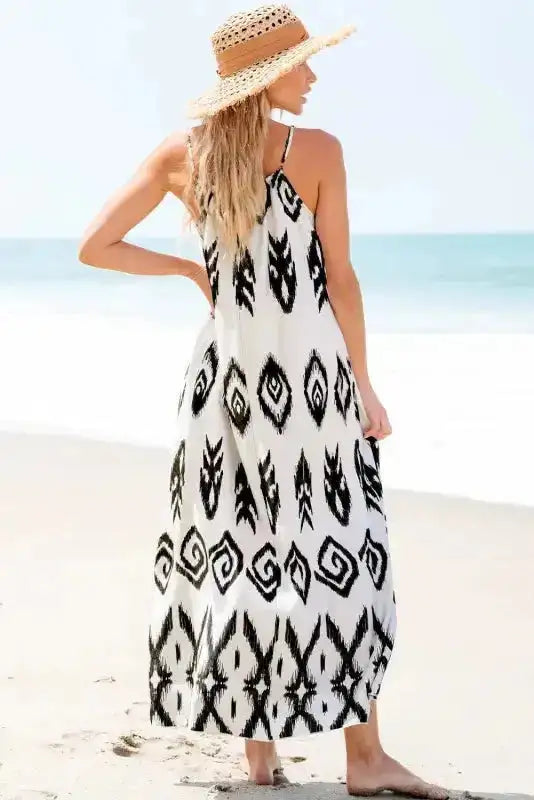 White Aztec Print Sleeveless Maxi Dress Women UK | Western Boho