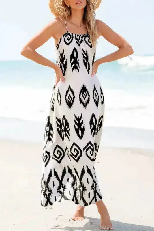 White Aztec Print Sleeveless Maxi Dress Women UK | Western Boho