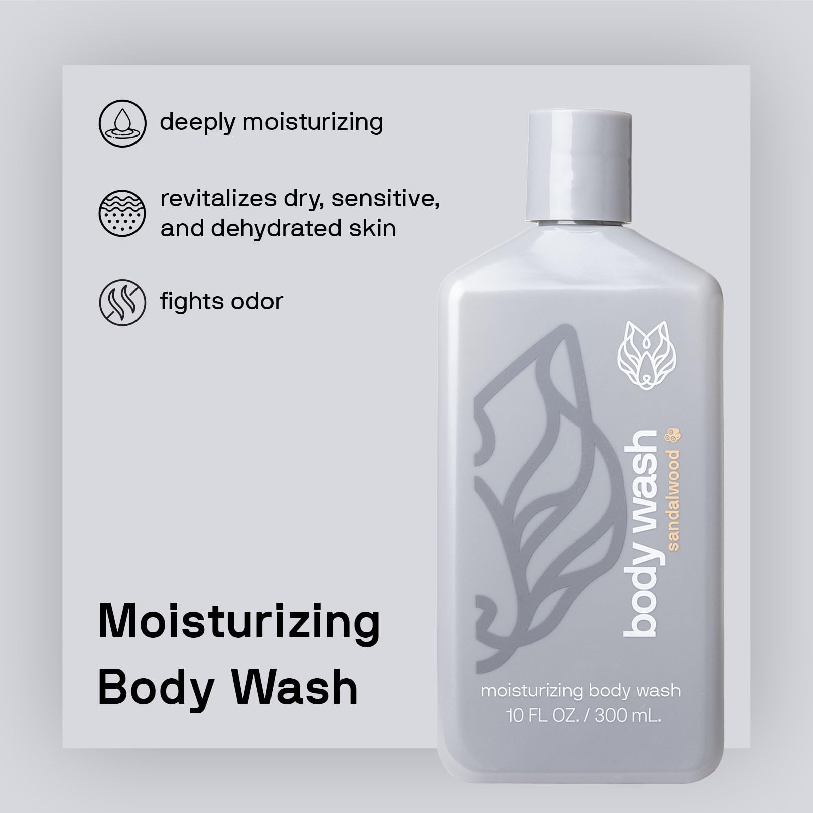 Black Wolf Moisturizing Body Wash for Men – Sandalwood Hydration with Hyaluronic Acid, Aloe Vera & Jojoba Oil