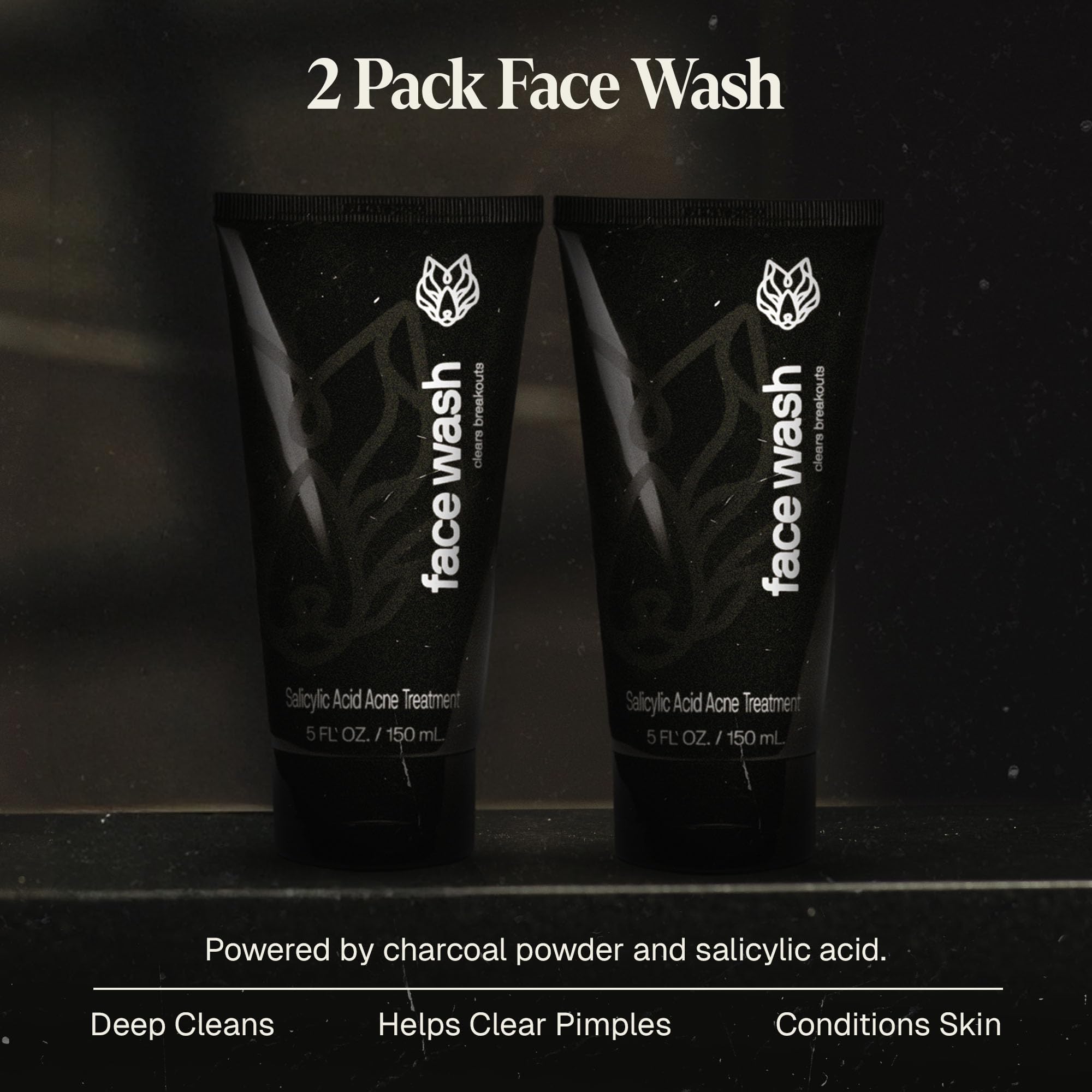 Black Wolf Charcoal Powder Face Wash for Men – 5 fl oz x2 | Deep Cleanse & Soothe Skin