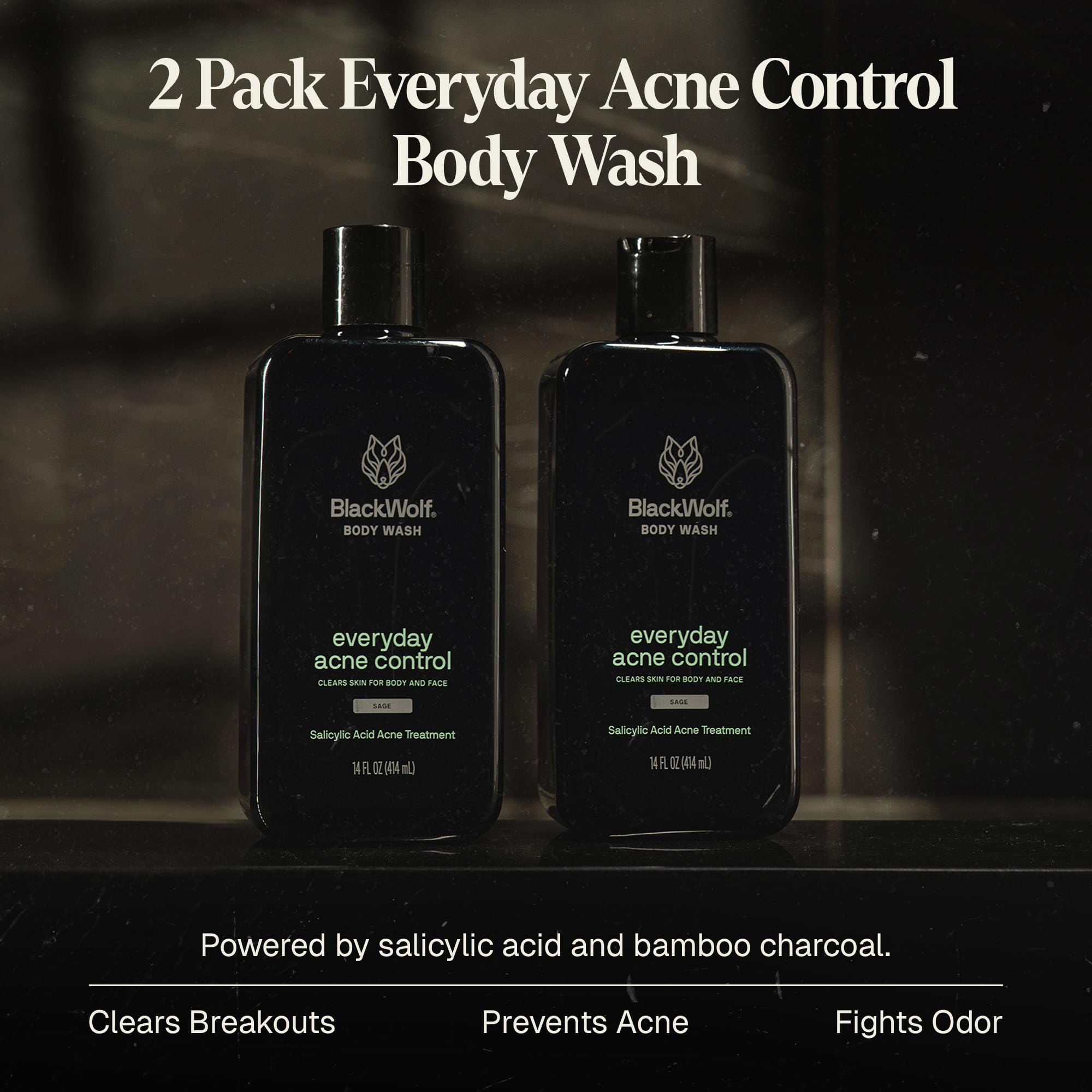 Black Wolf Salicylic Acid Body Wash for Men – Charcoal, 2-Pack (10 oz each)