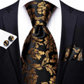 Black and Gold Floral Silk Tie - With Matching Cufflinks & Pocket Square