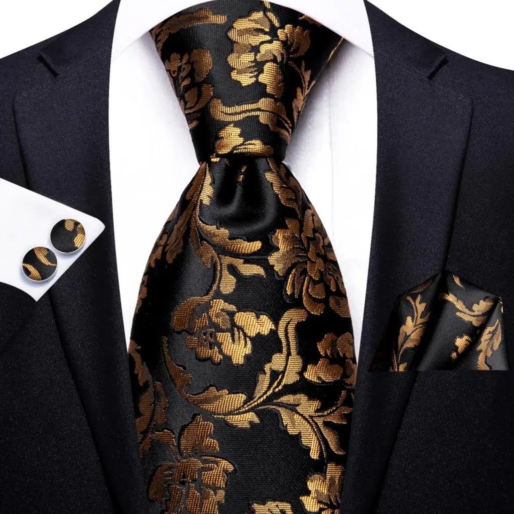 Black and Gold Floral Silk Tie - With Matching Cufflinks & Pocket Square