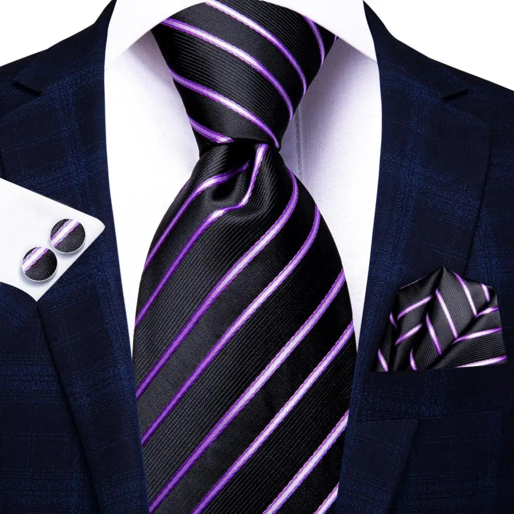 Black and Purple Striped Silk Tie - With Matching Cufflinks & Pocket Square