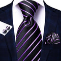 Black and Purple Striped Silk Tie - With Matching Cufflinks & Pocket Square