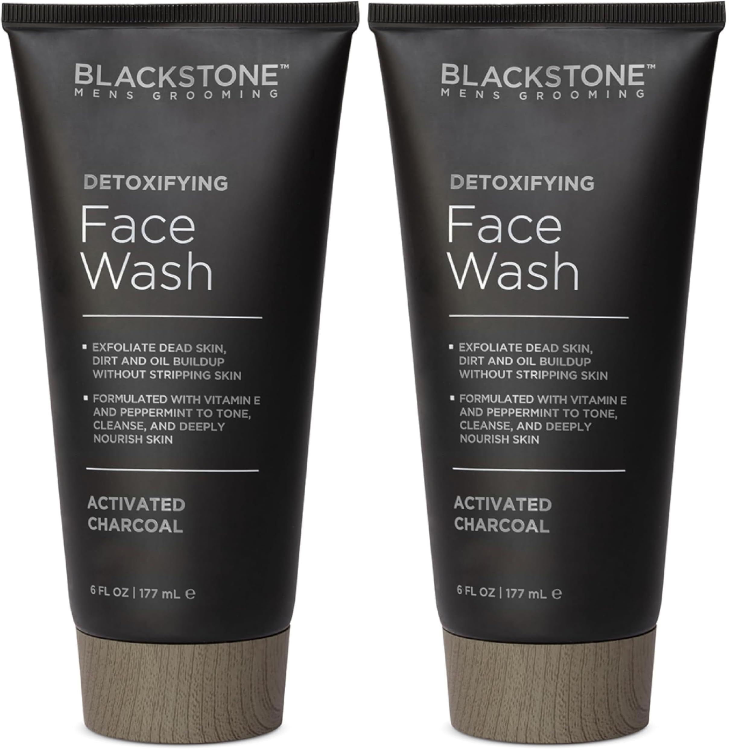 Blackstone Men's Grooming Detoxifying Face Wash with Activated Charcoal, Vitamin E & Peppermint – 2-Pack (6 oz each) Made in USA