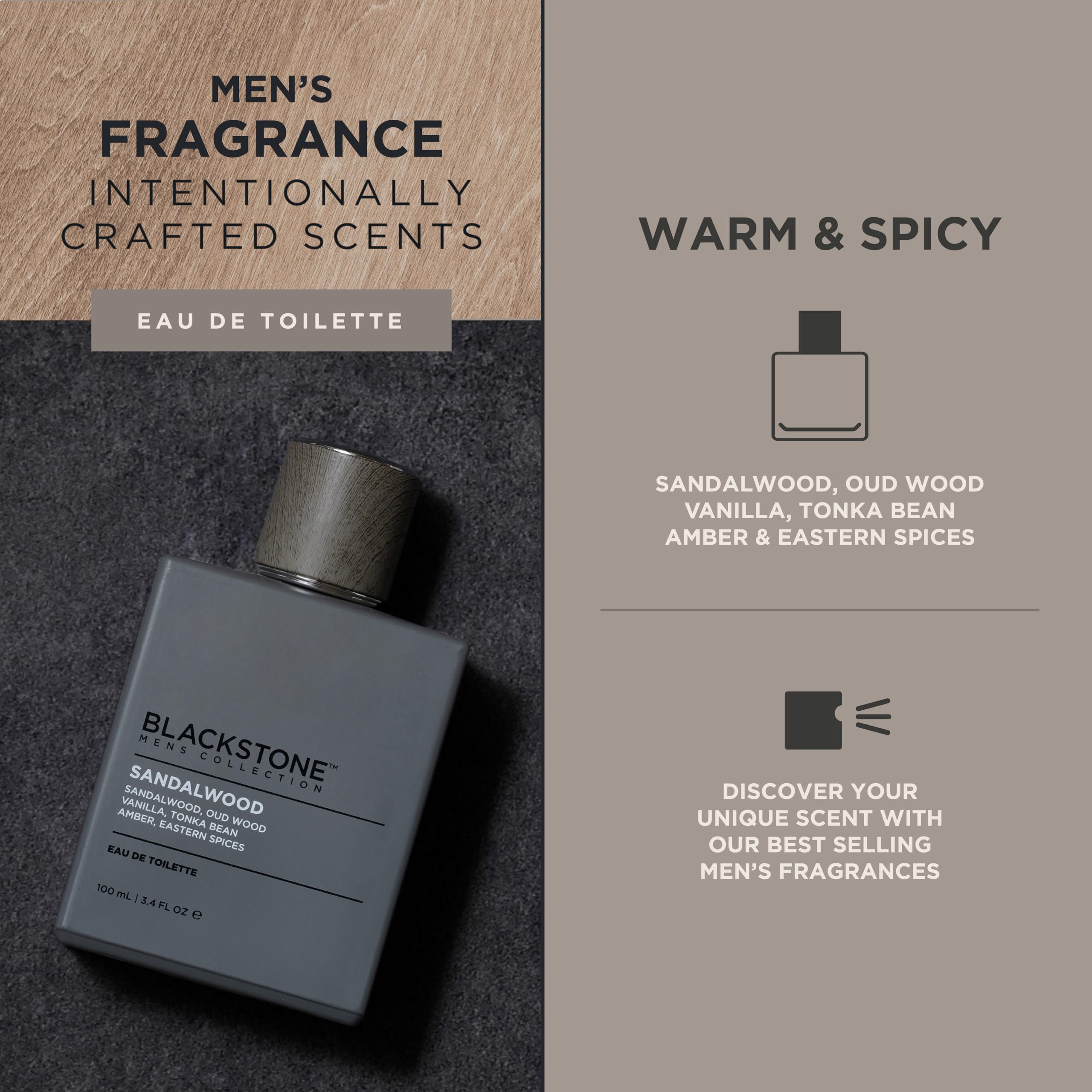 Blackstone Mens Collection Eau de Toilette – Sandalwood, Oud & Amber | Long-Lasting Fragrance | Travel Size 3.4 Fl Oz