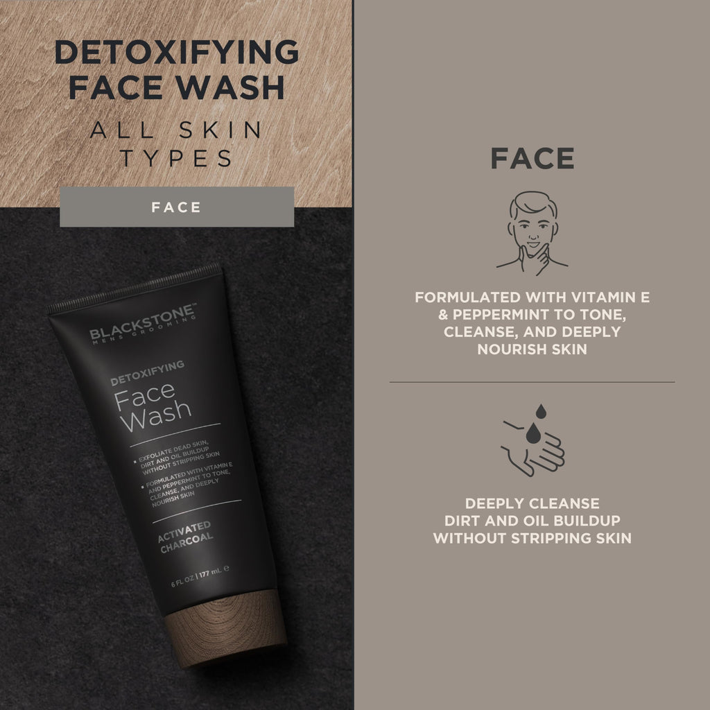 Blackstone Men's Grooming Detoxifying Face Wash with Activated Charcoal, Vitamin E & Peppermint – 2-Pack (6 oz each) Made in USA