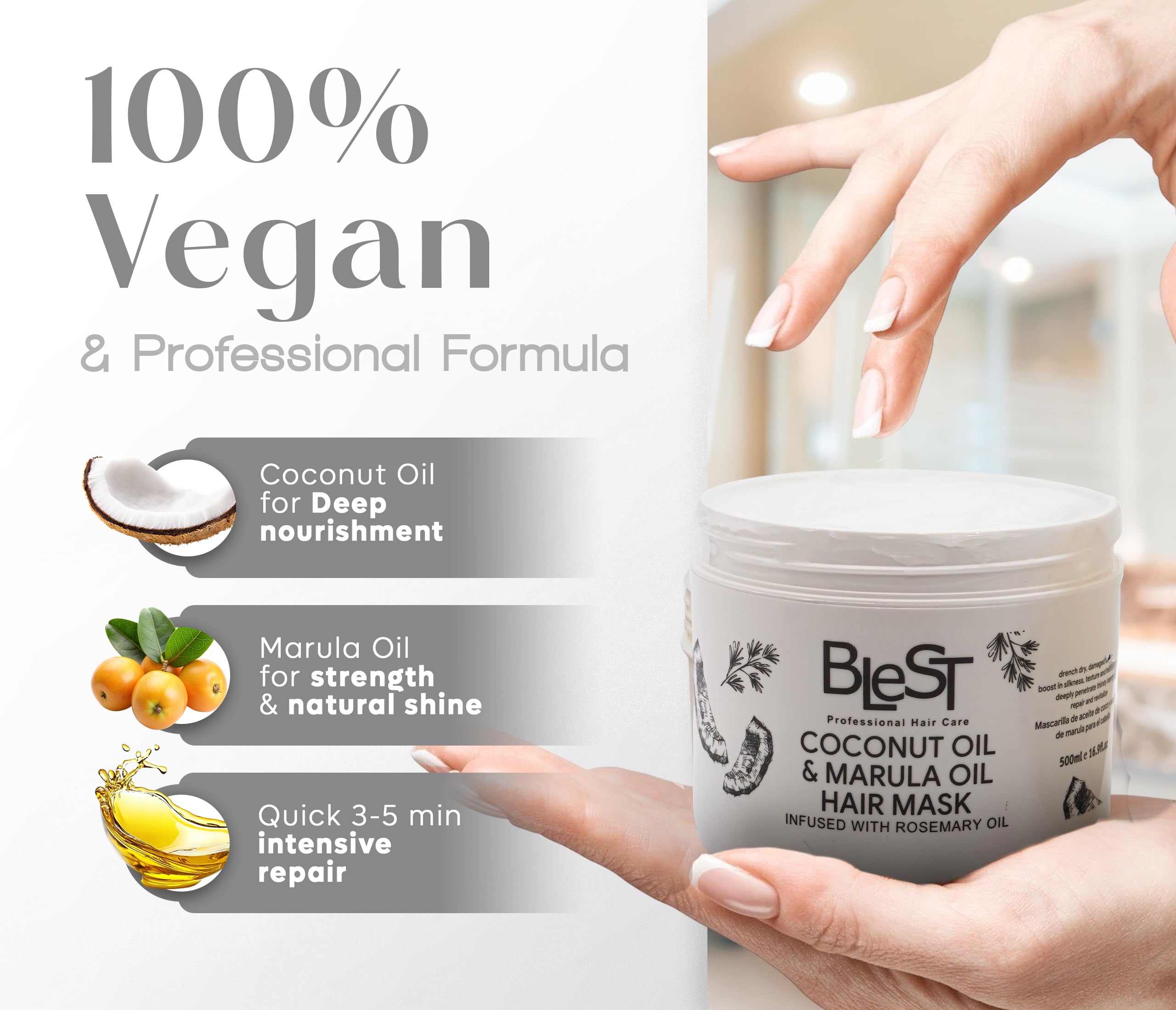 BLEST PROFESSIONAL HAIR CARE MASK for Dry, Damaged, or Frizzy Hair – Deep Repair, Shine & Smoothness – Vegan Hair Treatment 500 ml