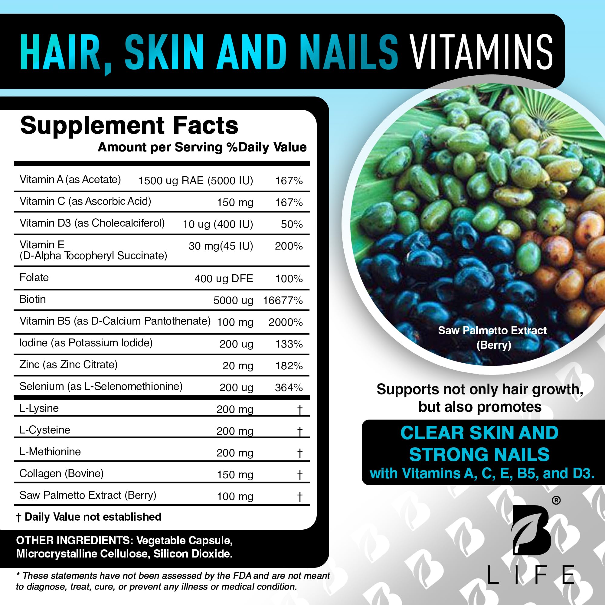 B Life Company Men's Hair Growth Supplement – Biotin, Collagen, Zinc & Vitamins A-C-E – 60 Capsules