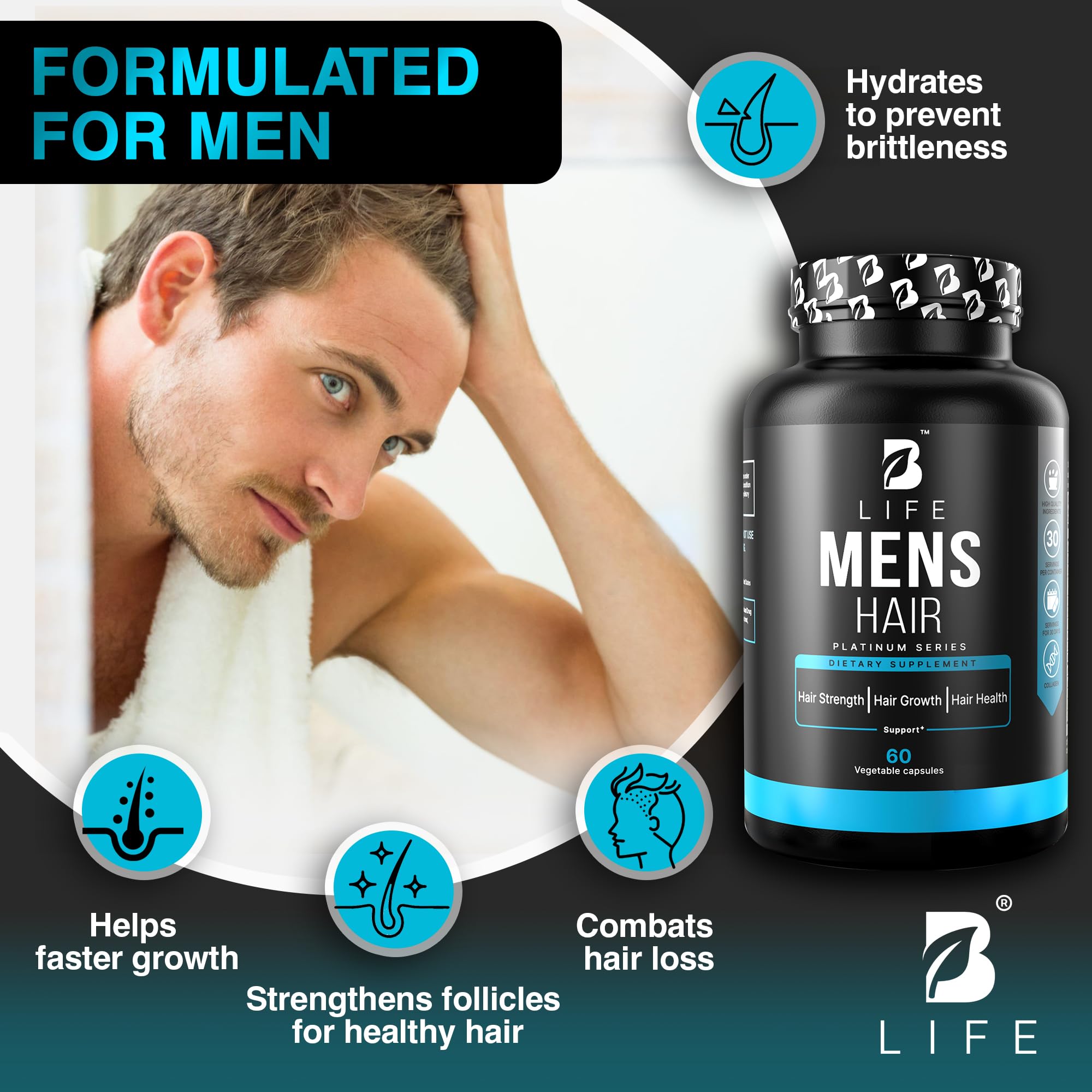 B Life Company Men's Hair Growth Supplement – Biotin, Collagen, Zinc & Vitamins A-C-E – 60 Capsules