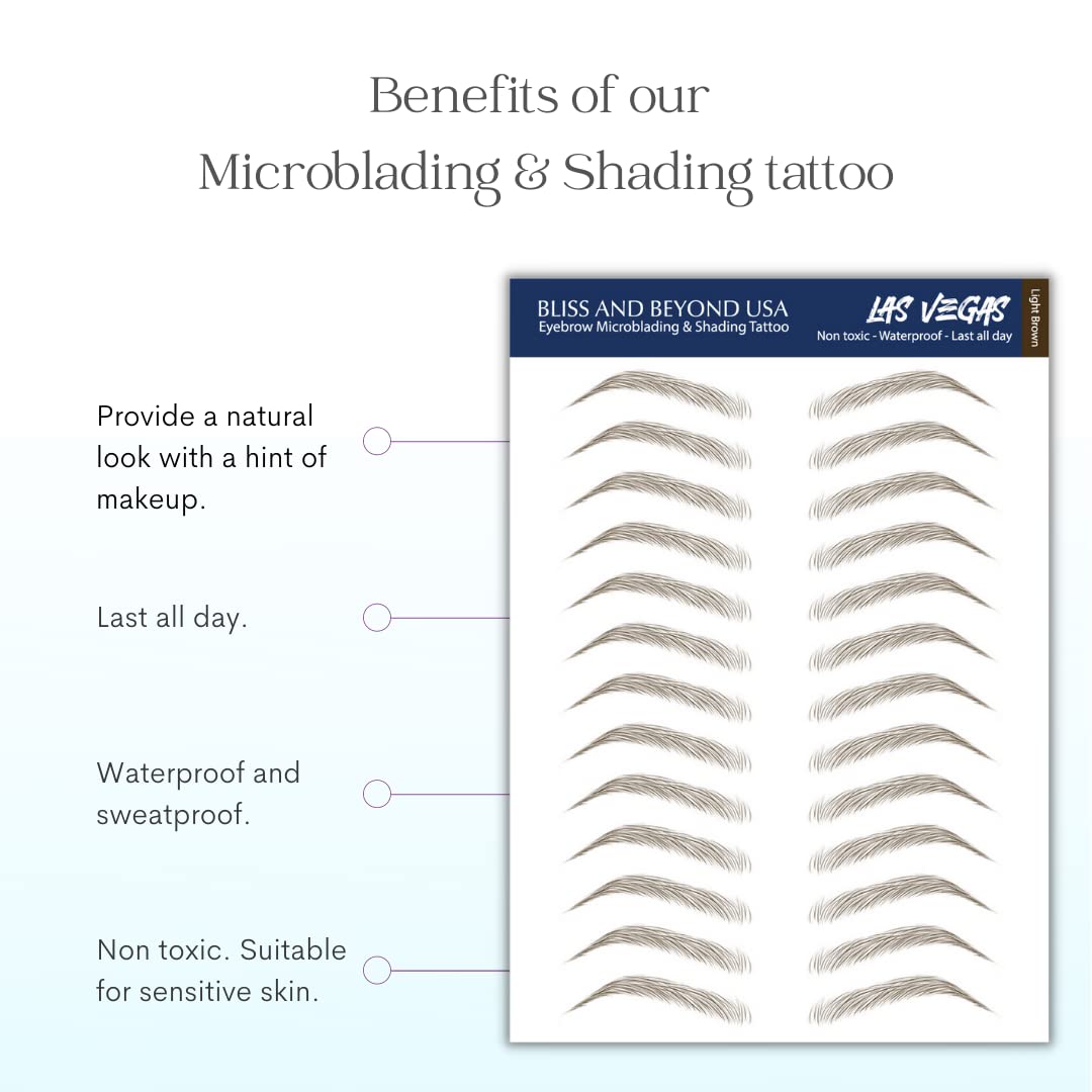 Bliss and Beyond USA Eyebrow Tattoo Stickers – 2 Sheets Waterproof, Long-Lasting, Natural Las Vegas Light Brown