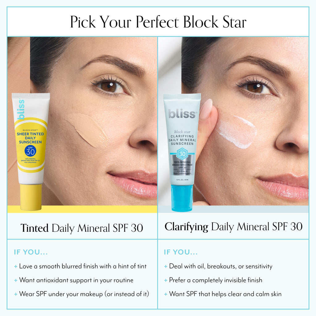 Bliss Block Star Clarifying Daily Mineral Sunscreen SPF 30 — Non-Comedogenic, Pore-Safe