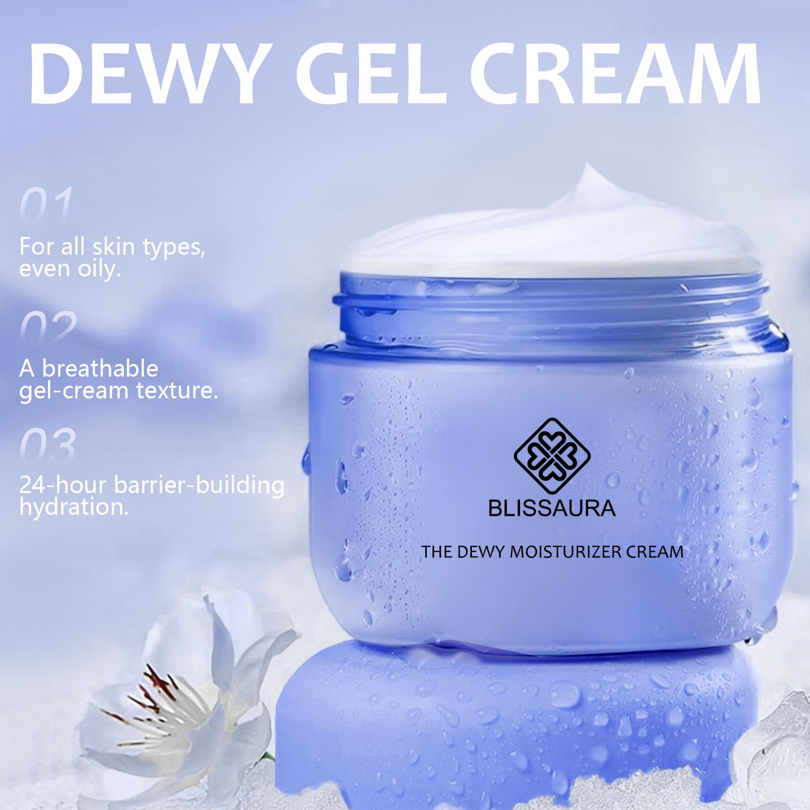 BlissAura Dewy Skin Cream – Lightweight Water Gel Moisturizer, Oil-Free Hydration 1.7 fl oz