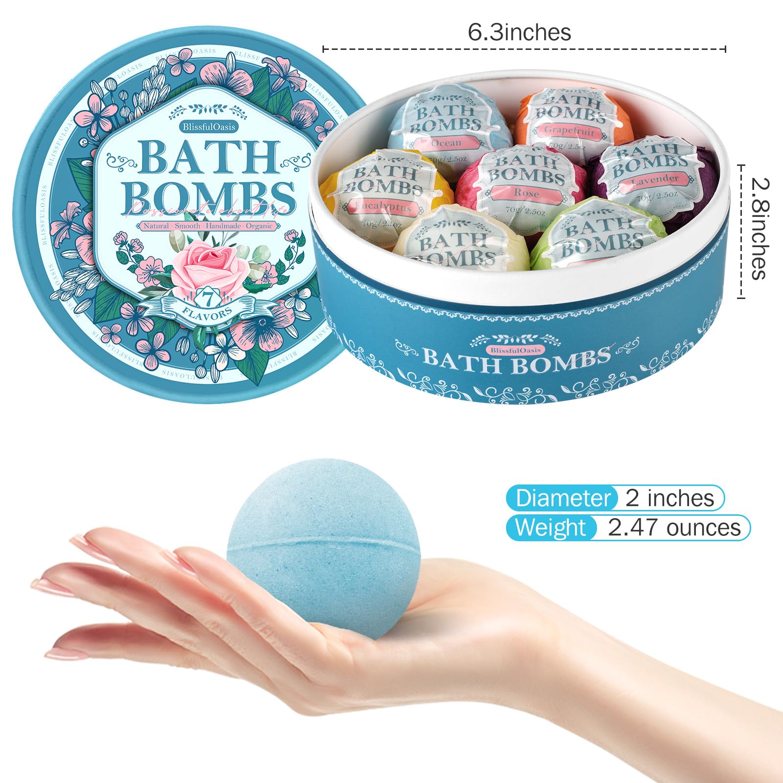 BlissfulOasis Bath Bombs Set – 7 Fragrances with Shea Butter for Dry Skin Moisture | Gift Idea
