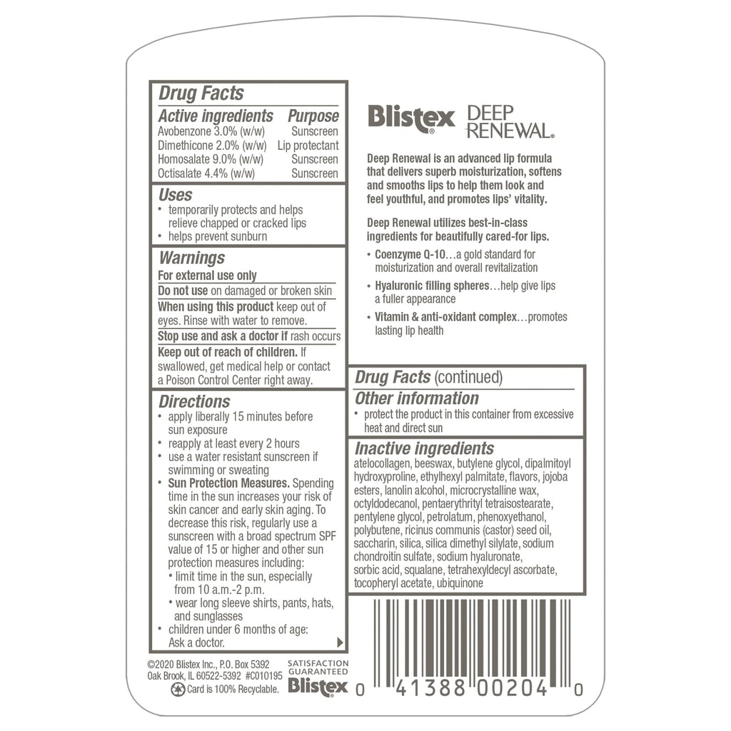 Blistex Deep Renewal Lip Protectant Sunscreen Balm – SPF 15, CoQ-10 & Hyaluronic Spheres, 0.13 oz (3.69 g) Value Pack of 5