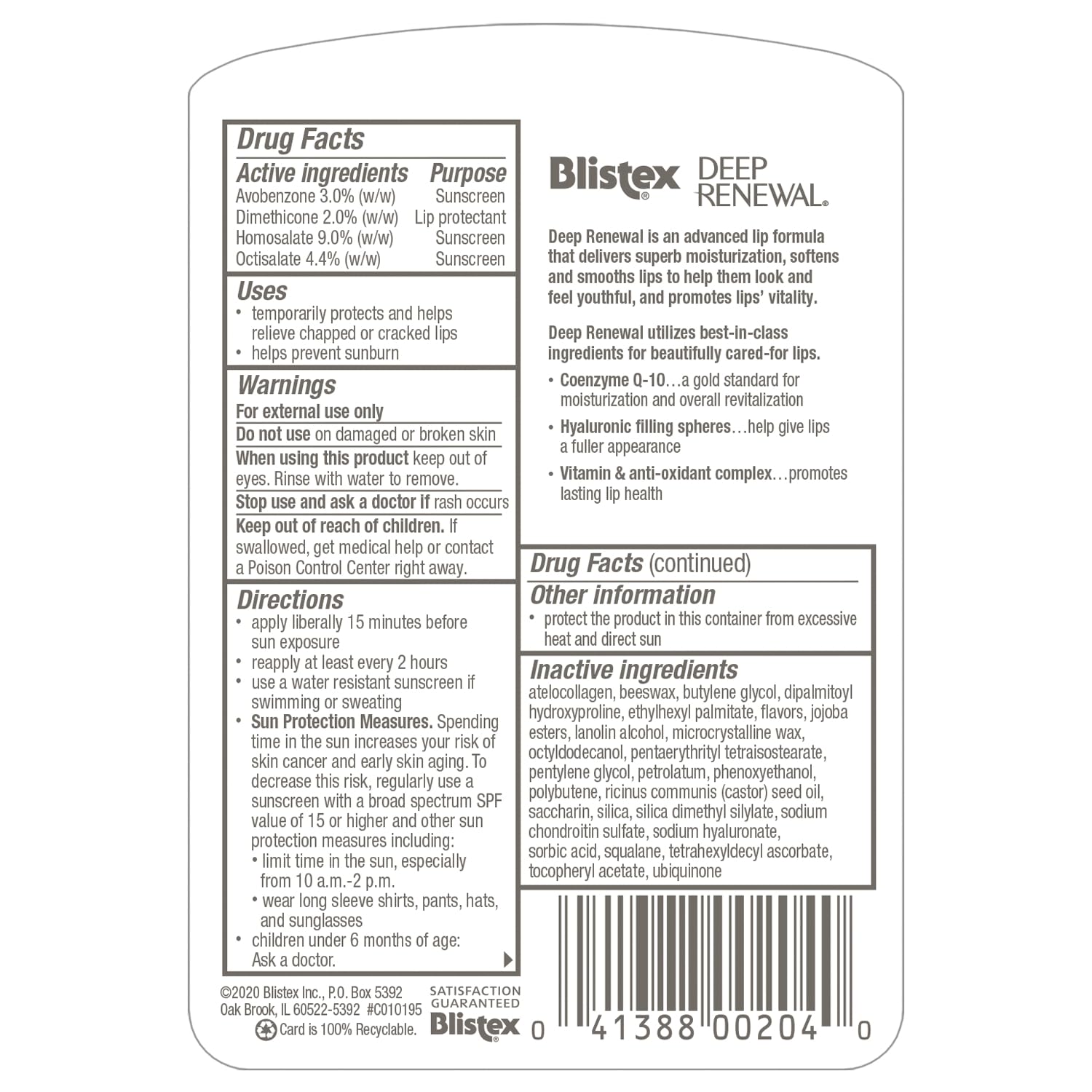 Blistex Deep Renewal Lip Protectant Sunscreen Balm – SPF 15, CoQ-10 & Hyaluronic Spheres, 0.13 oz (3.69 g) Value Pack of 5