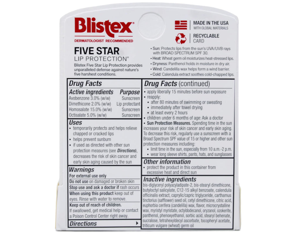 Blistex Five Star SPF 30 Lip Protectant – Pack of 12, 0.15 oz Tubes