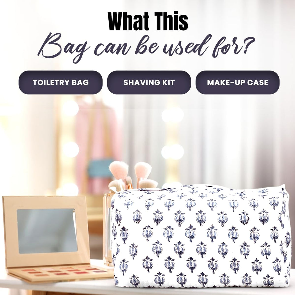 BLOCK N STYLE Cotton Hand Block Floral Toiletry Bag – Women’s Makeup & Travel Organizer, White (9.25 x 4.53 x 6.89 in)