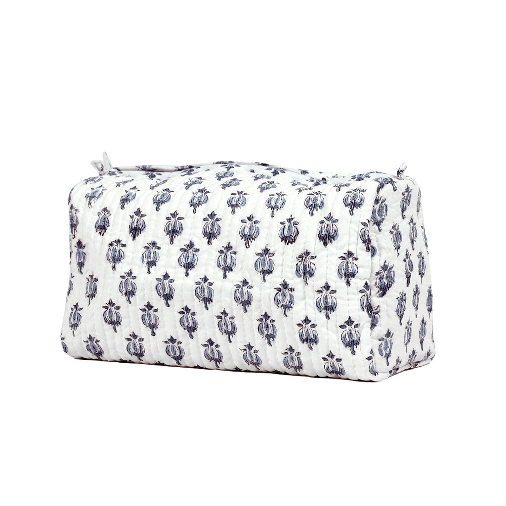 BLOCK N STYLE Cotton Hand Block Floral Toiletry Bag – Women’s Makeup & Travel Organizer, White (9.25 x 4.53 x 6.89 in)
