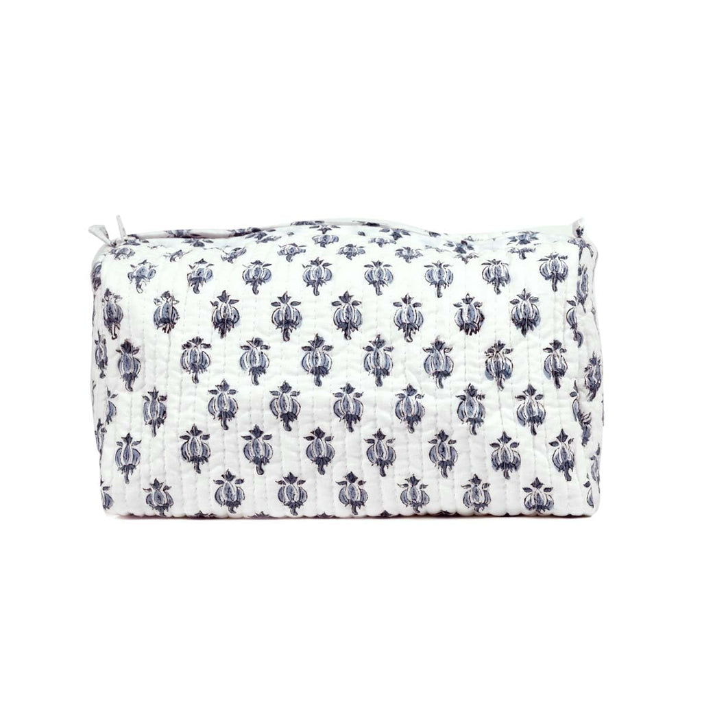BLOCK N STYLE Cotton Hand Block Floral Toiletry Bag – Women’s Makeup & Travel Organizer, White (9.25 x 4.53 x 6.89 in)
