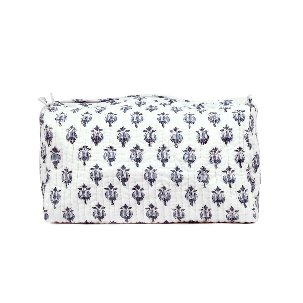 BLOCK N STYLE Cotton Hand Block Floral Toiletry Bag – Women’s Makeup & Travel Organizer, White (9.25 x 4.53 x 6.89 in)