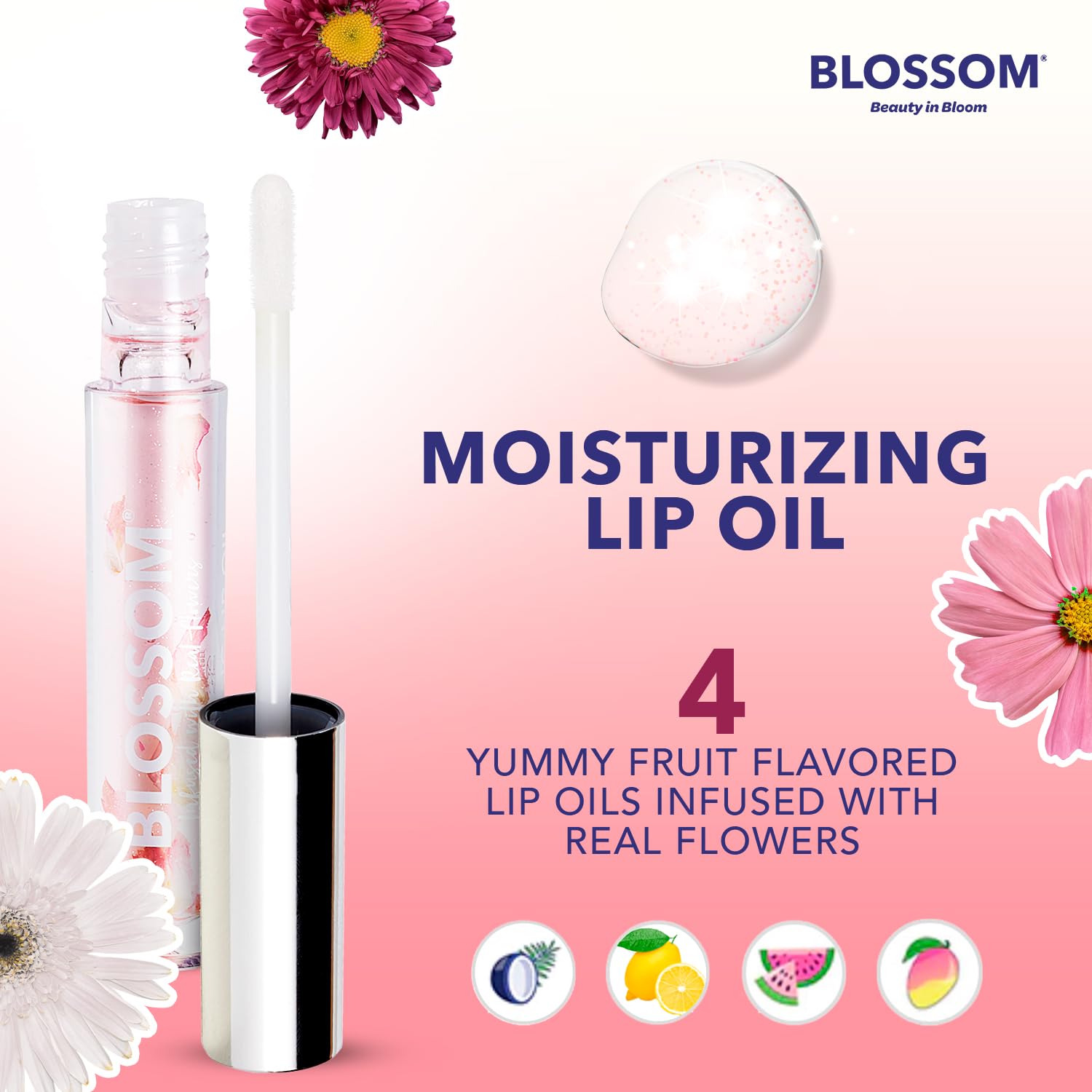 Blossom Lip Oil with Real Flowers – Hydrating Olive & Grape Seed Oil, 2-Pack (Coconut & Watermelon)