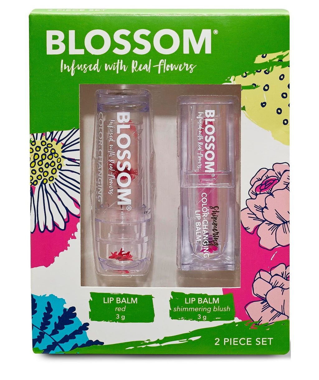 Blossom pH Color-Changing Lip Balm 2-Pack – Red & Blush, Strawberry Scent, Real Flower Infused