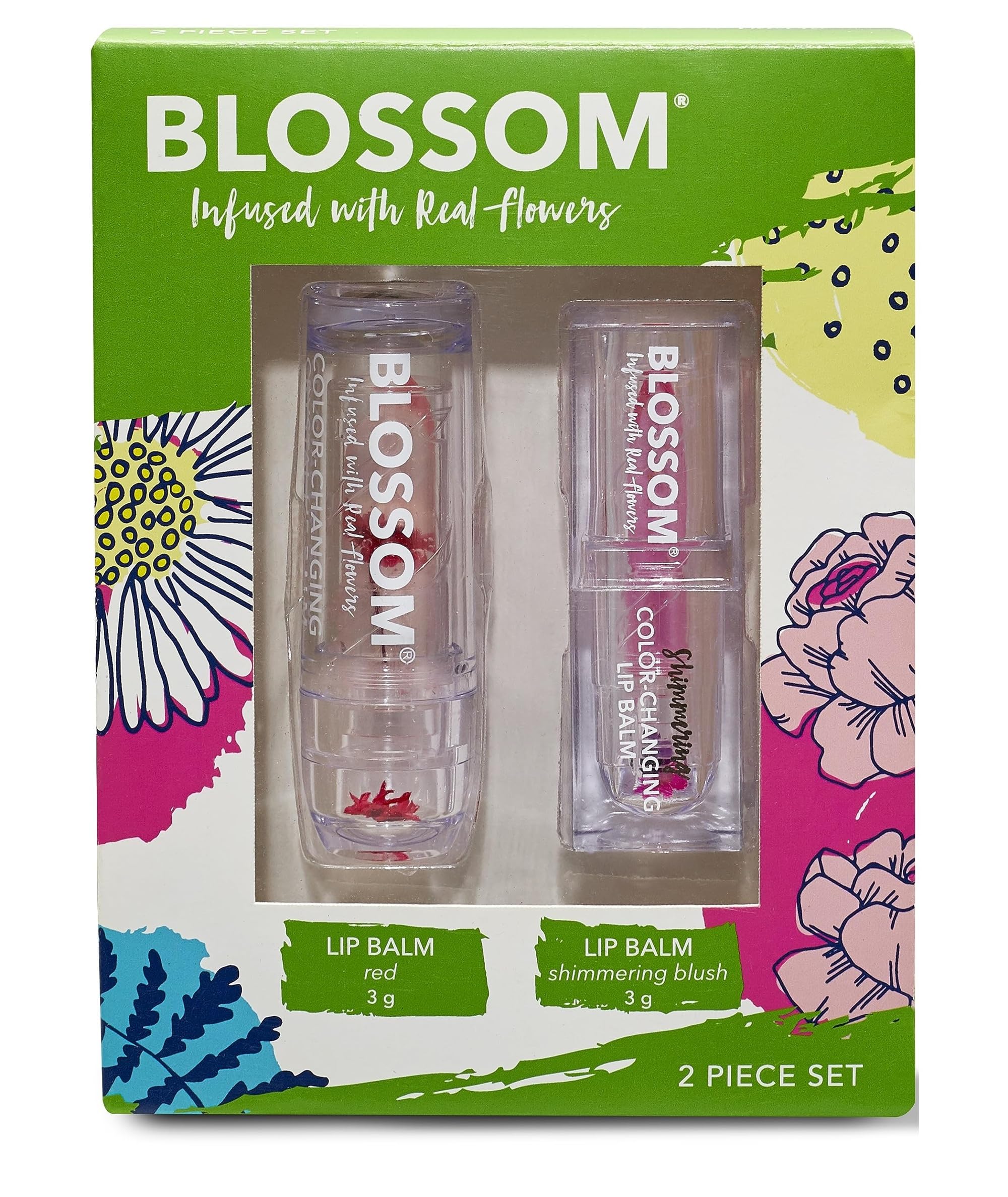 Blossom pH Color-Changing Lip Balm 2-Pack – Red & Blush, Strawberry Scent, Real Flower Infused