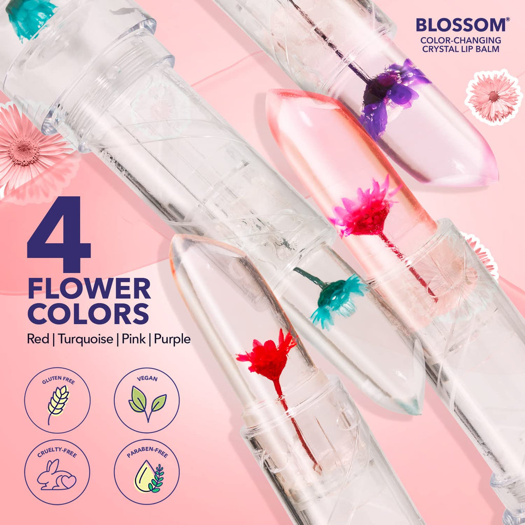 Blossom pH Color-Changing Lip Balm 2-Pack – Red & Blush, Strawberry Scent, Real Flower Infused