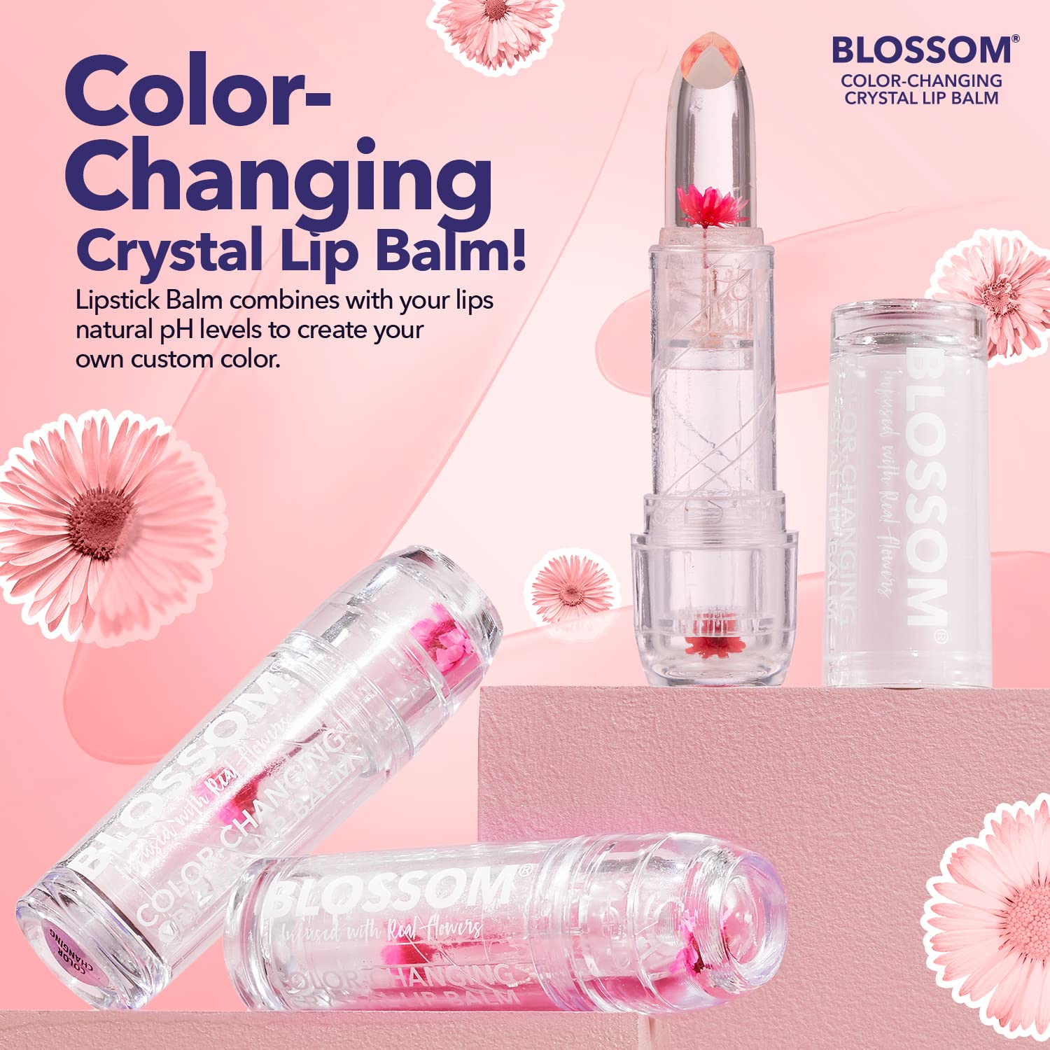 Blossom pH Color-Changing Lip Balm 2-Pack – Red & Blush, Strawberry Scent, Real Flower Infused