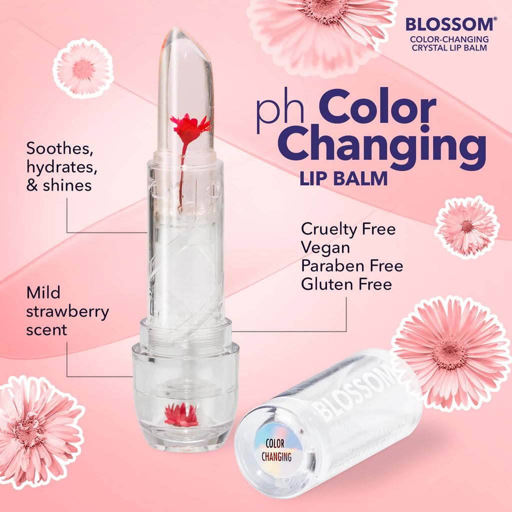 Blossom pH Color-Changing Lip Balm 2-Pack – Red & Blush, Strawberry Scent, Real Flower Infused