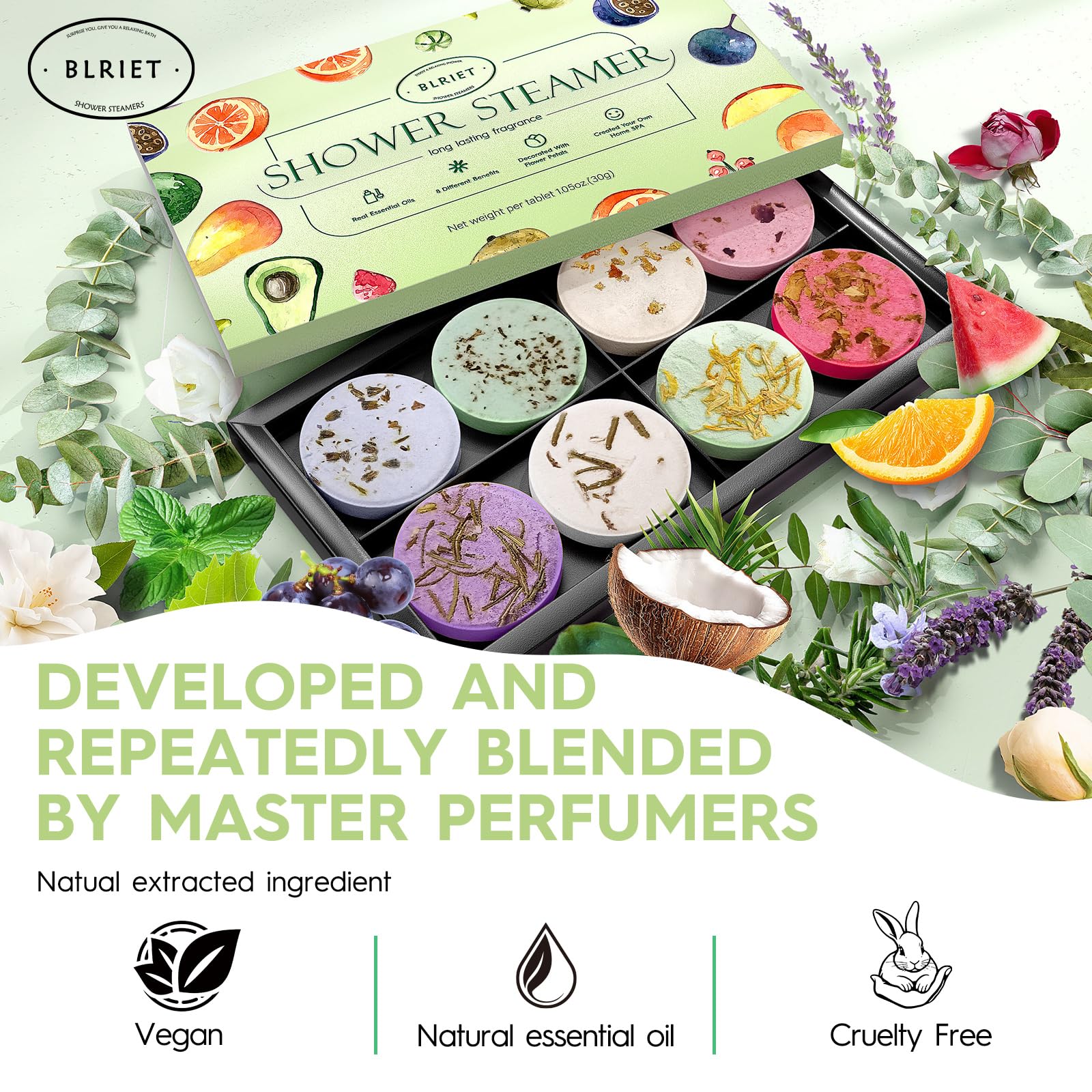 BLRIET Shower Steamers Aromatherapy - 8-Pack Fruit Scents | At-Home Spa Gift