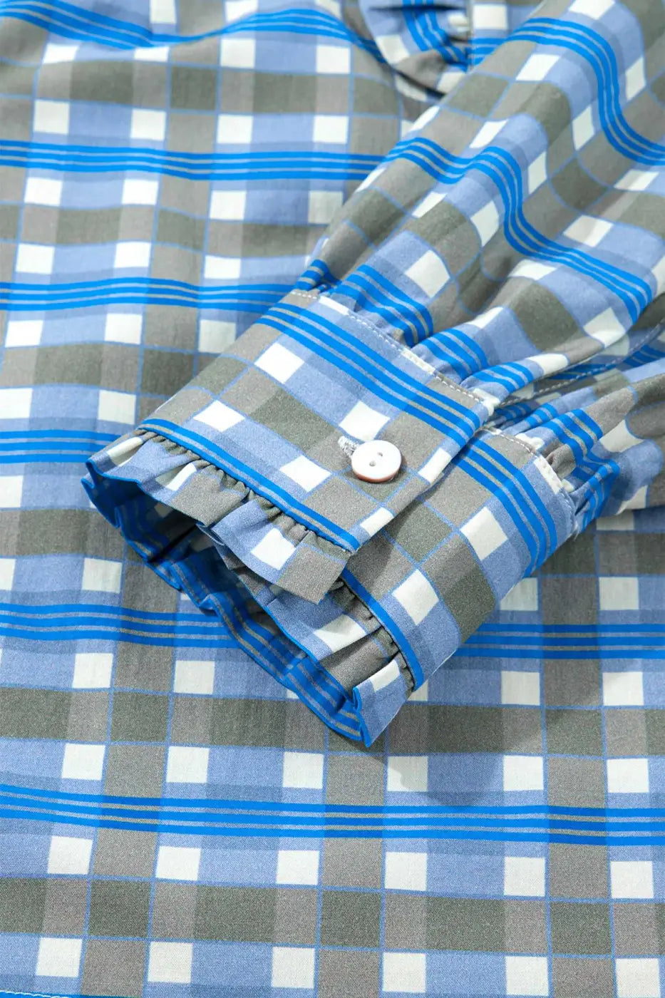 Blue Plaid Long Sleeve Frilled Blouse Women UK
