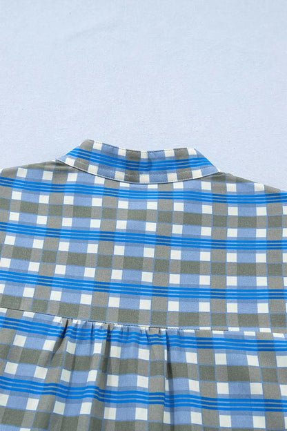 Blue Plaid Long Sleeve Frilled Blouse Women UK