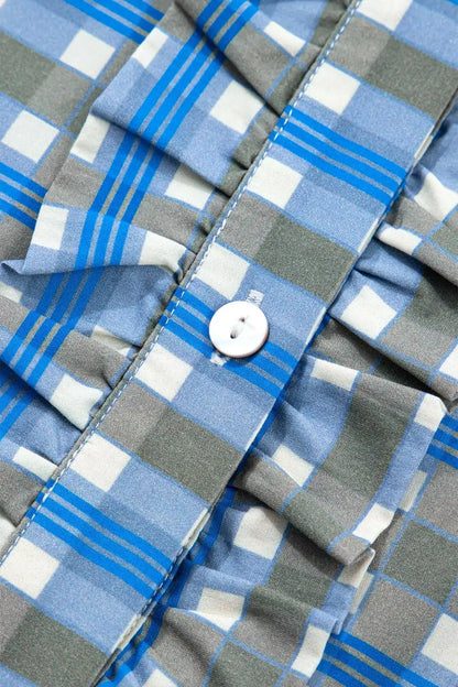 Blue Plaid Long Sleeve Frilled Blouse Women UK