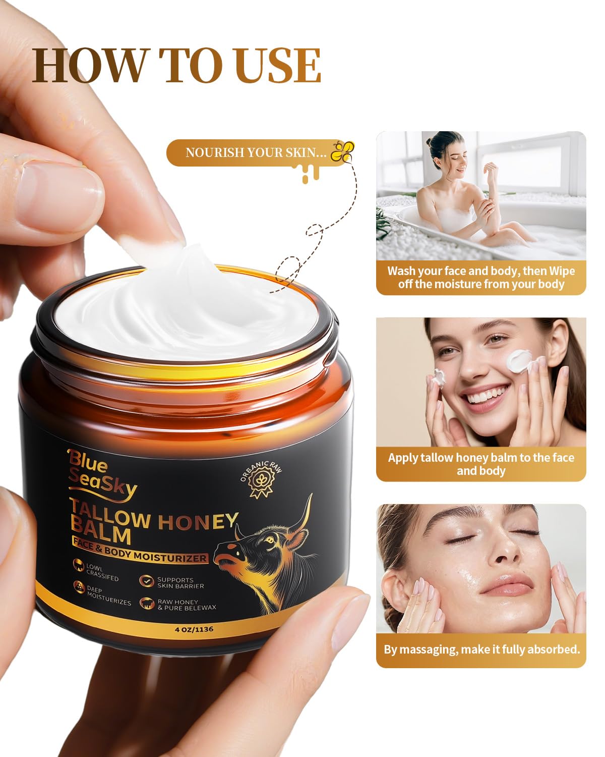 Blue Sea Sky Beef Tallow Skin Moisturizer – Handmade Whipped Tallow for Face, Hands & Body (4 oz)