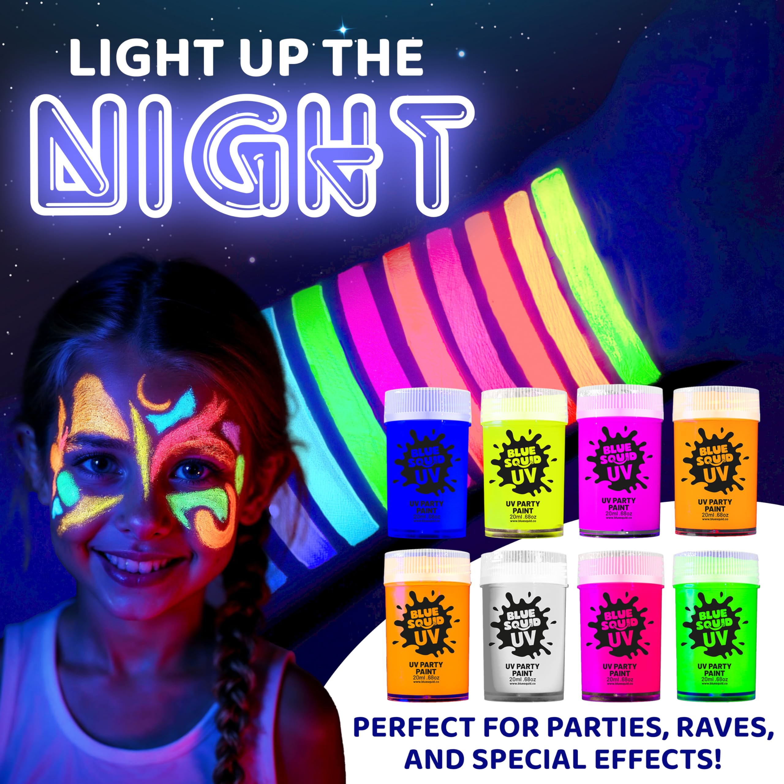 Blue Squid UV Body Paint – Glow-in-the-Dark Neon Face & Body Kit (8x20ml) with Mini UV Torch