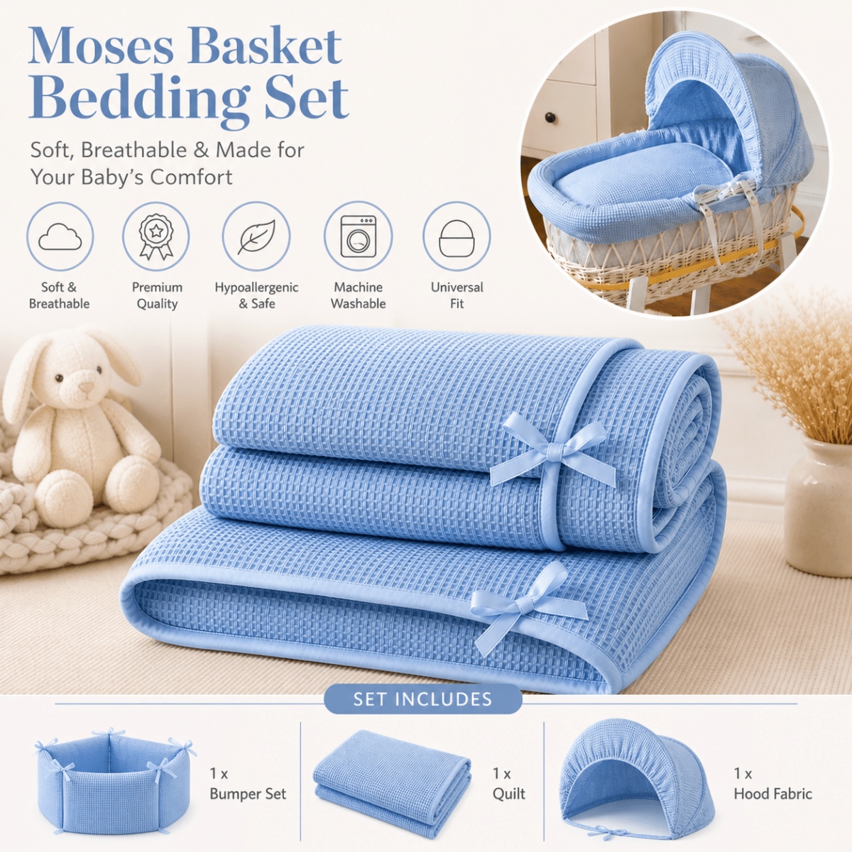 Blue Waffle Moses Basket Bedding Set (Basket Not Included!)