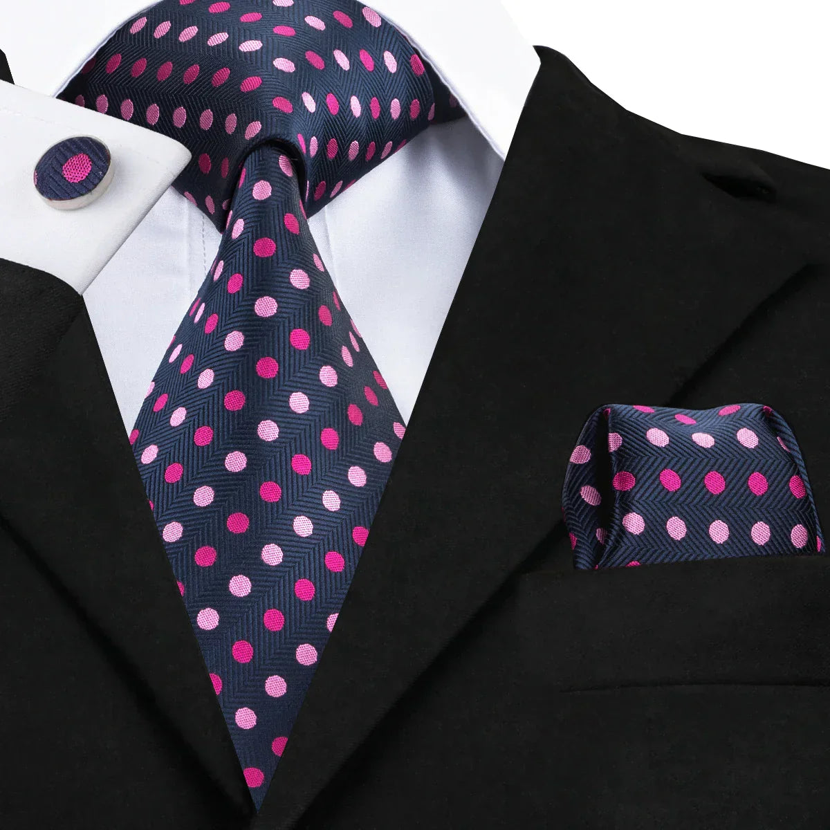 Blue and Pink Polka Dot Silk Tie - With Matching Cufflinks & Pocket Square
