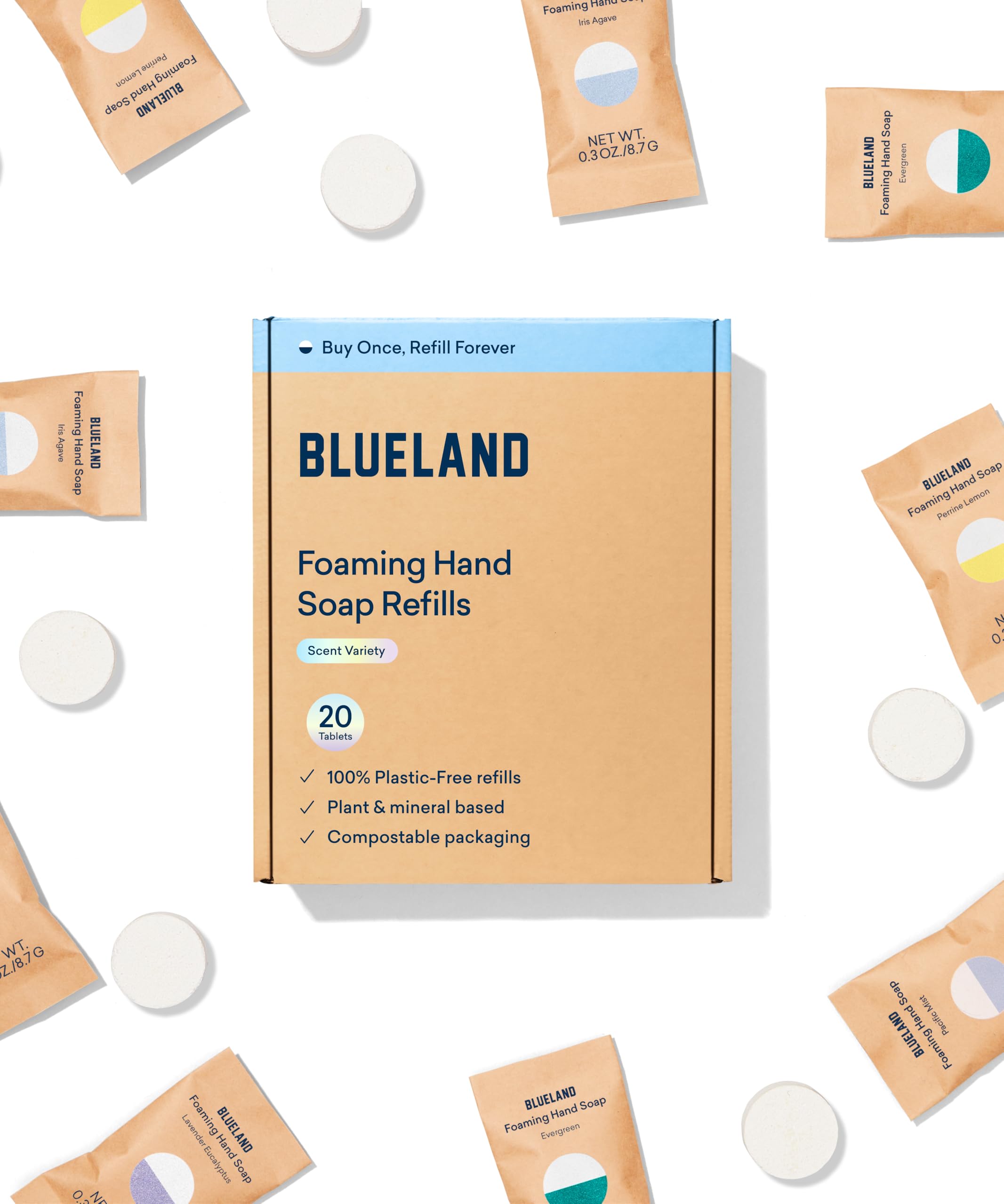 BLUELAND Foaming Hand Soap Refill Tablets – 20-Pack, Variety Scents, Plastic-Free Cleaning