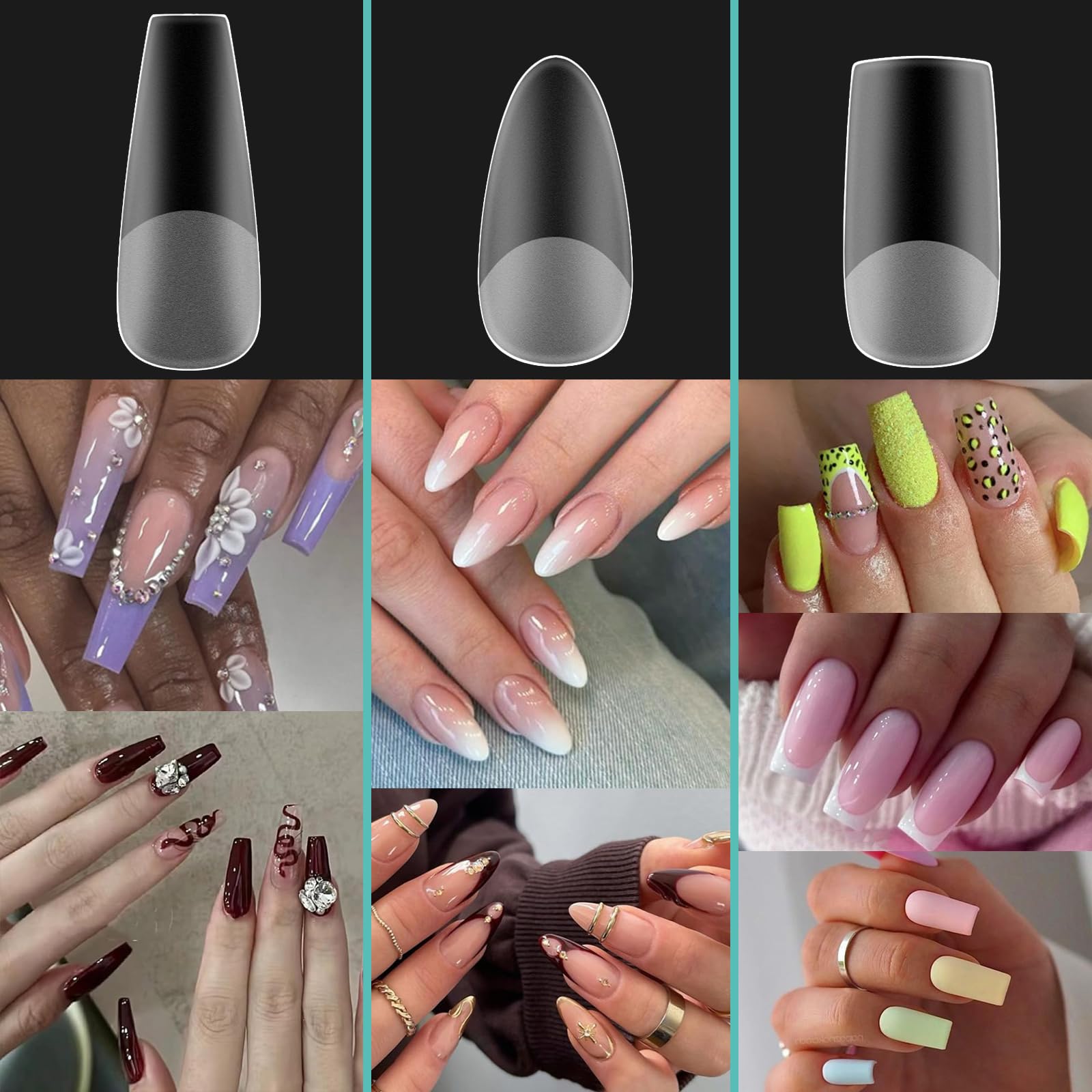 BlueZOO 3 Shapes Soft Gel Nail Tips Kit – Almond, Square, Coffin (360Pcs, 12 Sizes)