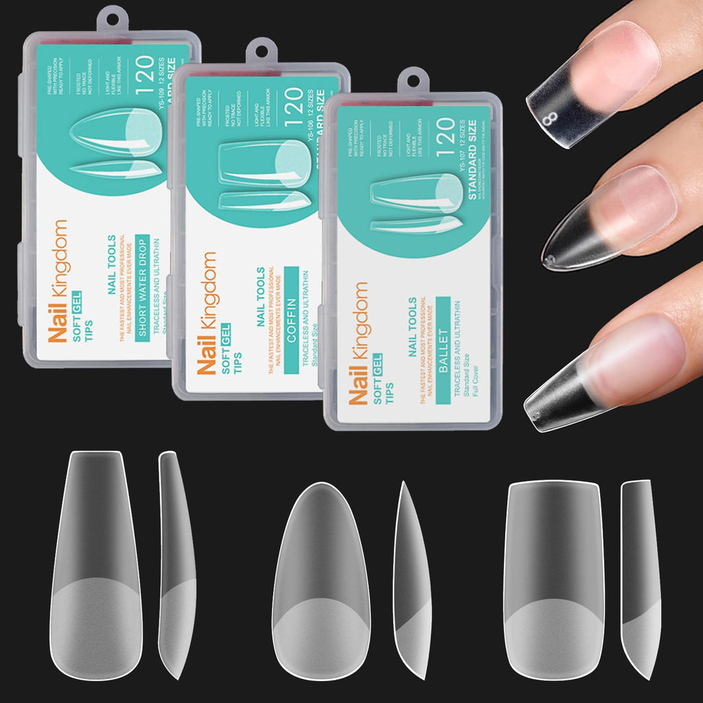 BlueZOO 3 Shapes Soft Gel Nail Tips Kit – Almond, Square, Coffin (360Pcs, 12 Sizes)