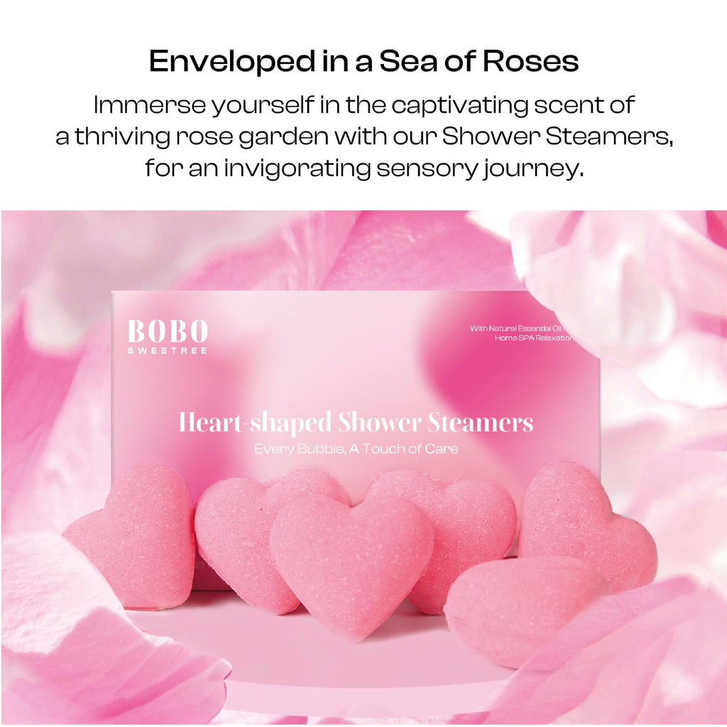 BoboSweeTree Shower Steamers – Aromatherapy Heart-Shaped Pink with Rose Scent | Pack of 6