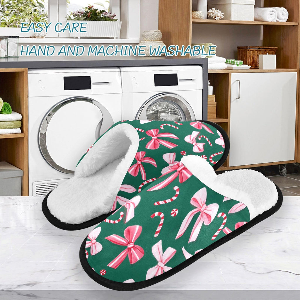 Boccsty Christmas Pink Green Bow Spa Slippers – Cozy Flannel, Non-Slip Indoor/Outdoor (Size L)