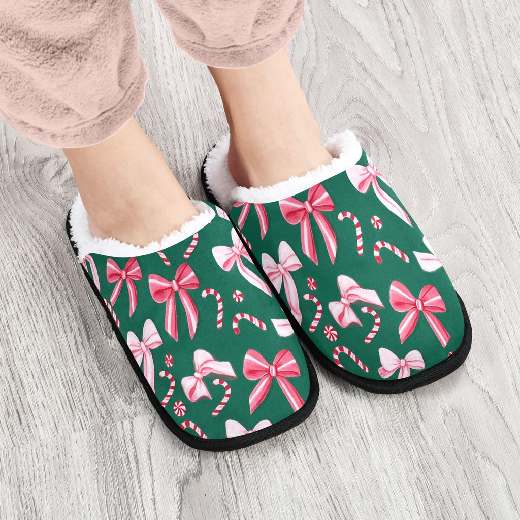 Boccsty Christmas Pink Green Bow Spa Slippers – Cozy Flannel, Non-Slip Indoor/Outdoor (Size L)